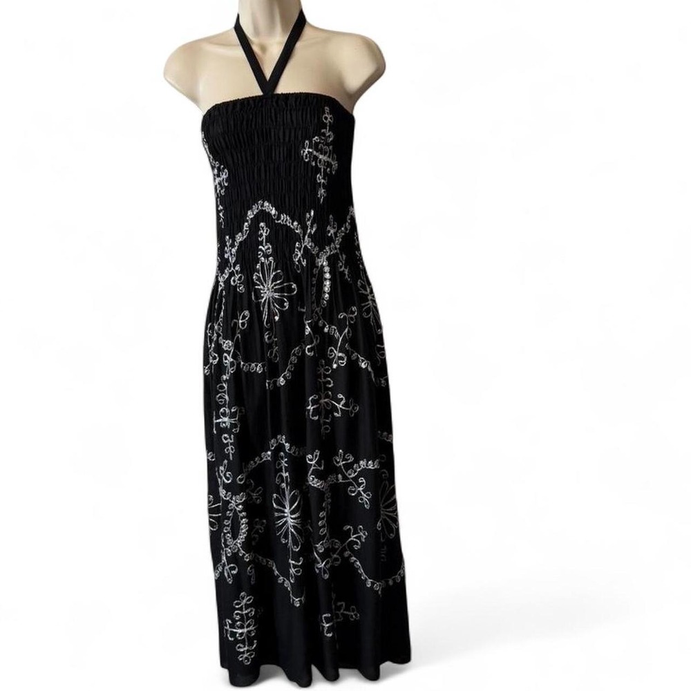 Black Embroidered/Sequined‎ Halter Maxi Dress, Women's Size M
